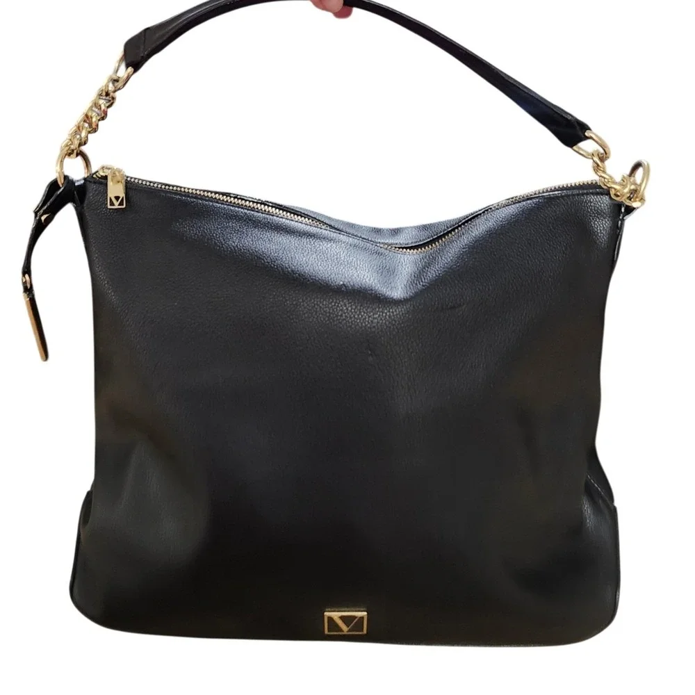 The Victoria Secret Black Pebbled Faux Leather Hobo Shoulder Bag Satchel Tote